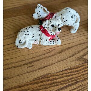 Set Of 2 Hand-Painted Dalmatian Dog Figurines With Red Scarves & Green Accents
